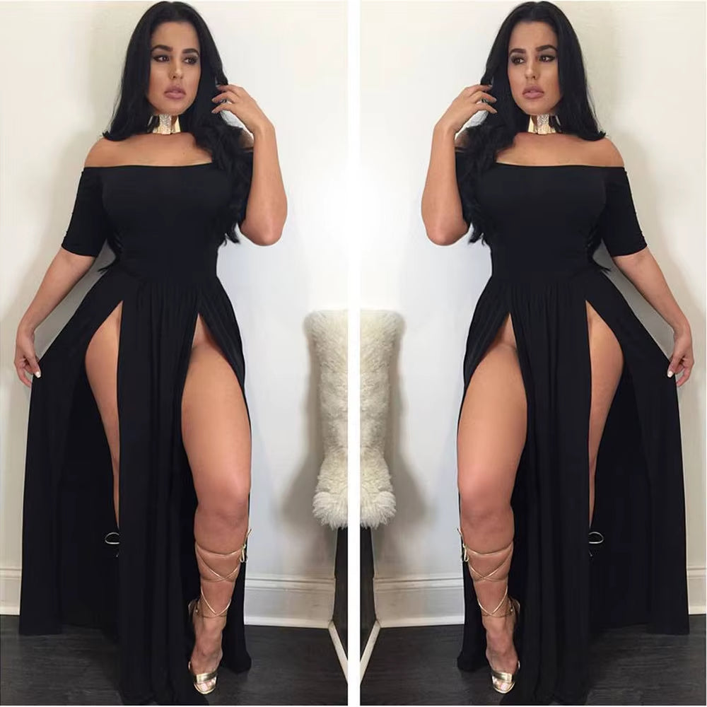 Women Sexy Slash Neck Maxi Dress Solid Color High Slit Formal Party Dress Fashion Slim Summer Dress Vestido De Mulher